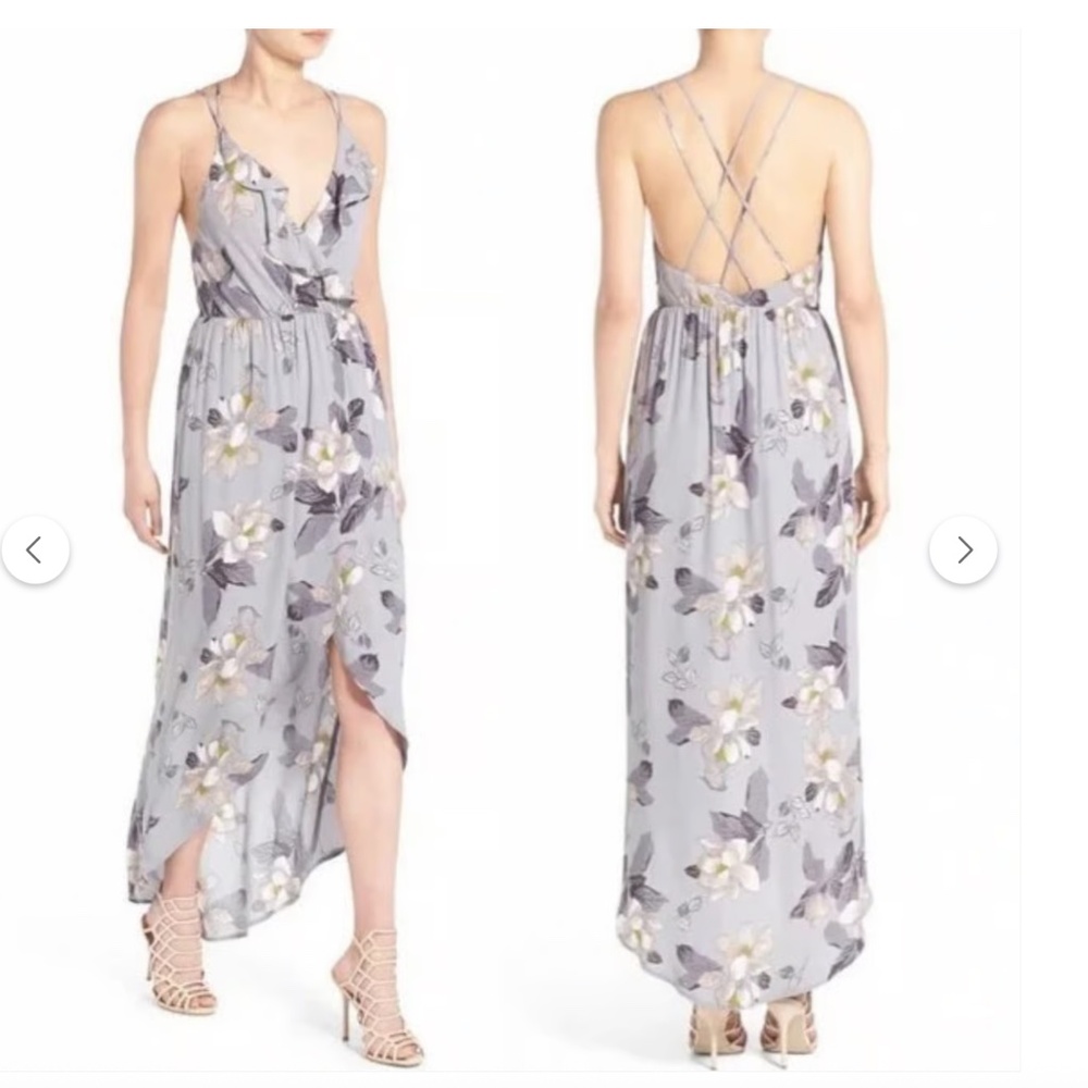 ASTR Gray Floral Ruffle‎ Surplice High-Low Maxi Dress – Small